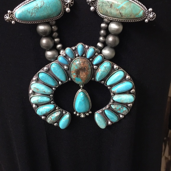 Full Squash Blossom Natural Turquoise Necklace - Picture 3 of 5